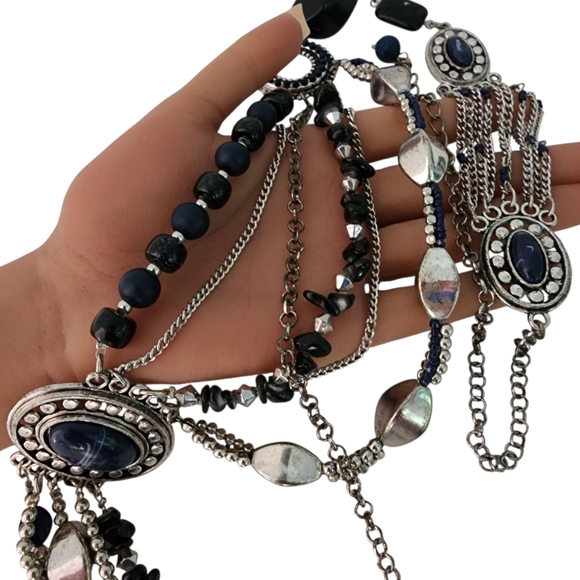 Chain belt multi chain adjustable black blue silver beads rhinestones - Picture 11 of 13